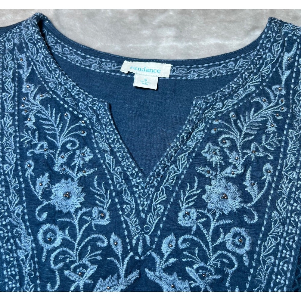 Sundance Womens Size Small Blue Embroidered Beaded Top Boho Blouse Lace Trim - Picture 6 of 12